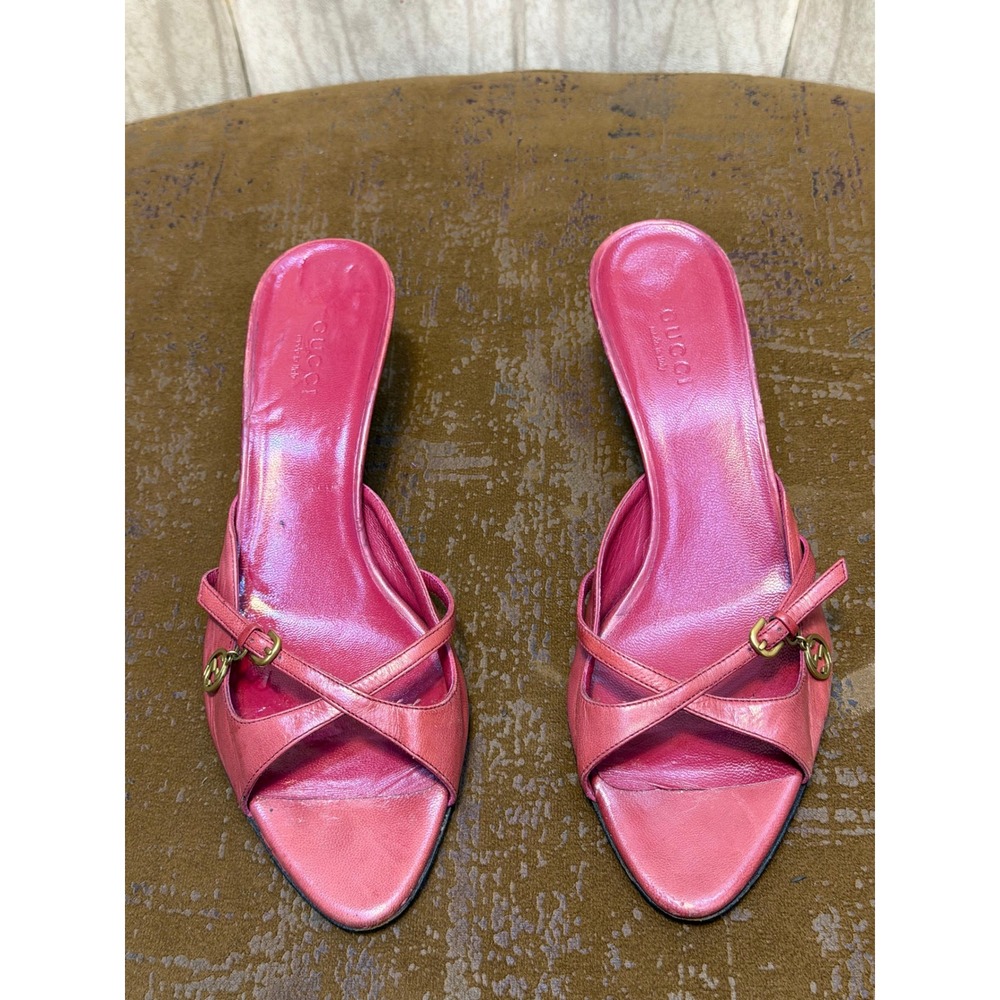 Gucci Pink Metallic Leather GG Logo Kitten Heel Mules 121173 Size 7B
